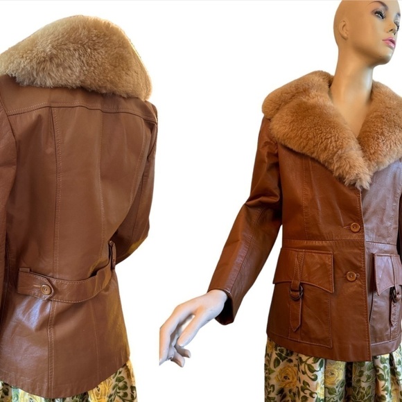 Vintage 1970s Tan Leather Jacket Faux Fur Collar - Picture 1 of 11